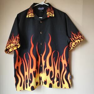 Silver Point Button Up Short Sleeve Shirt Mens Size XL Hot Rod Flames Biker